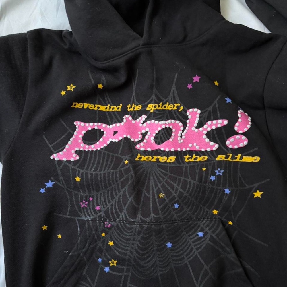 Sp5der Black Hoodie with Pink Graphic